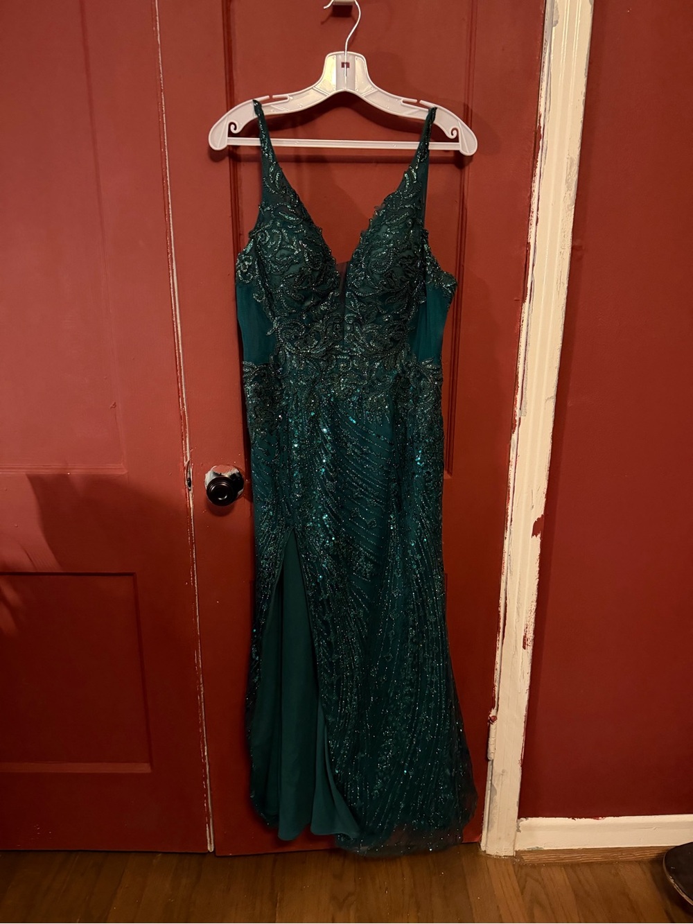 ellie wilde Teal Green Beaded V-Neck Prom Gown